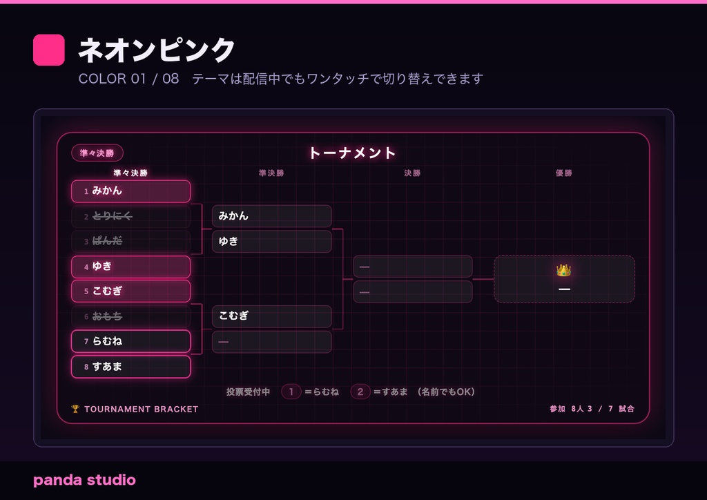 【OBS/わんコメ】配信トーナメント表 勝ち抜きブラケット|視聴者参加型・コメント投票で勝敗を決められる【4/8/16人・Twitch対応/商用可】