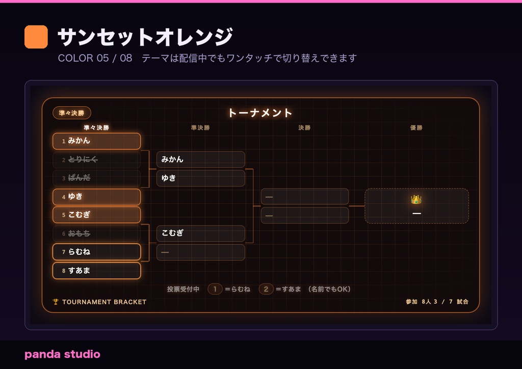 【OBS/わんコメ】配信トーナメント表 勝ち抜きブラケット|視聴者参加型・コメント投票で勝敗を決められる【4/8/16人・Twitch対応/商用可】