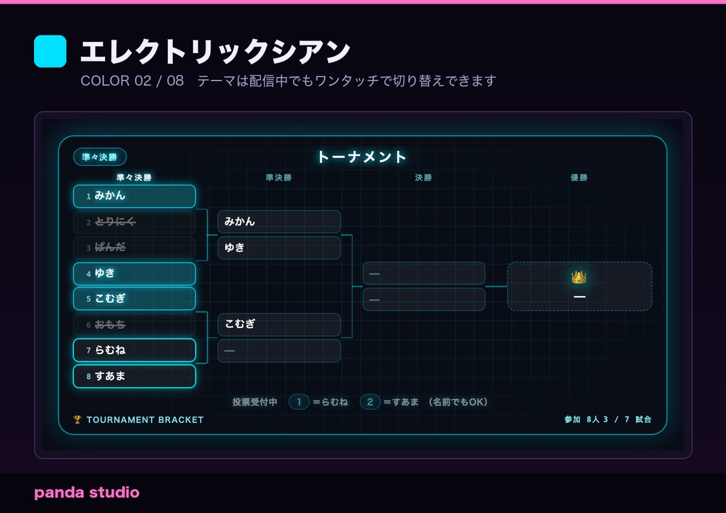 【OBS/わんコメ】配信トーナメント表 勝ち抜きブラケット|視聴者参加型・コメント投票で勝敗を決められる【4/8/16人・Twitch対応/商用可】