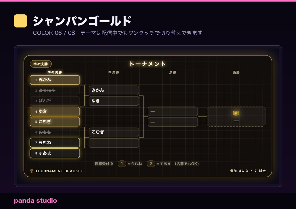 【OBS/わんコメ】配信トーナメント表 勝ち抜きブラケット|視聴者参加型・コメント投票で勝敗を決められる【4/8/16人・Twitch対応/商用可】
