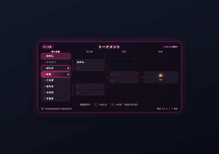 【OBS/わんコメ】配信トーナメント表 勝ち抜きブラケット 全8テーマ|視聴者参加型・コメント投票で勝敗を決められる【商用可】