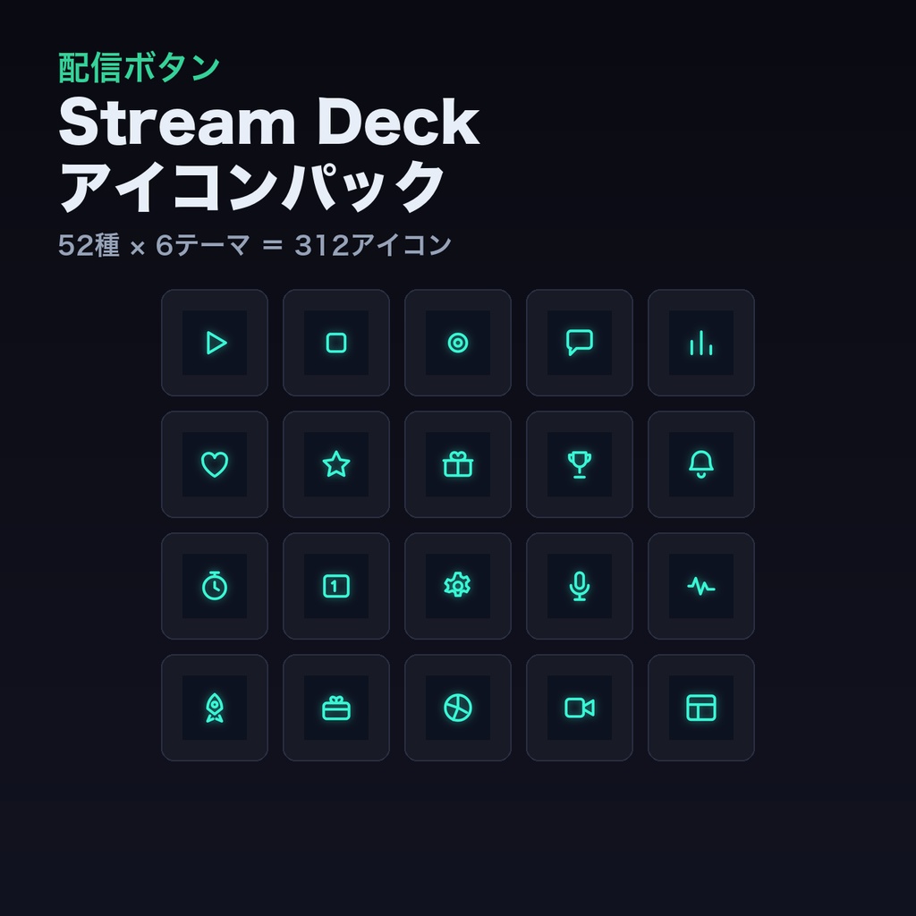 Stream Deck アイコンパック 52種×6テーマ｜配信操作キーがひと目でわかる【Neon/Cyber/Forest/Gold/Mono/Sakura】