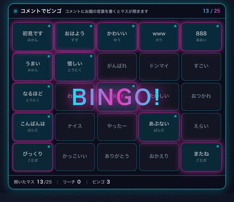 【わんコメ】コメントでビンゴ 全8テーマ|視聴者のコメントがマスを開ける・リーチとビンゴを自動判定【OBS・Twitch対応・商用可】