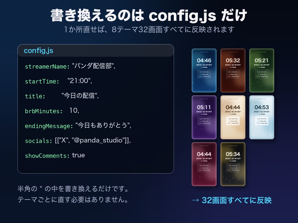 【縦型配信用】縦型 配信画面オーバーレイ 全8テーマ32画面|1080×1920・まもなく開始/配信中/休憩中/配信終了・わんコメ連動【OBS・商用可】