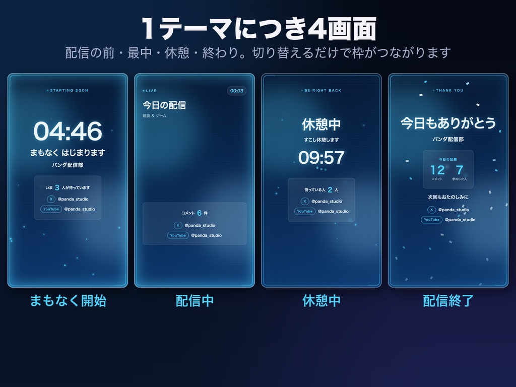【縦型配信用】縦型 配信画面オーバーレイ 全8テーマ32画面|1080×1920・まもなく開始/配信中/休憩中/配信終了・わんコメ連動【OBS・商用可】