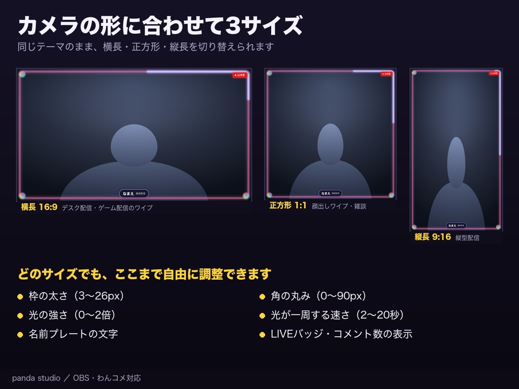 【OBSに置くだけ】動くカメラ枠 全12テーマ×3サイズ|光が枠を一周する・わんコメ連動でコメントに反応【商用可】