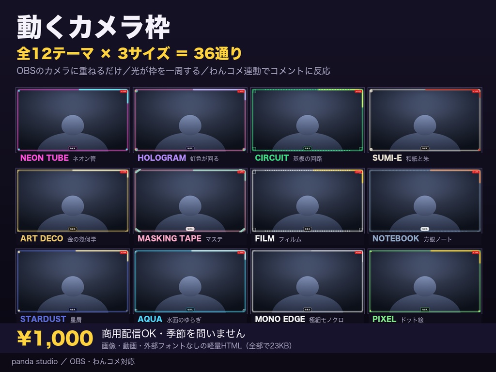 【OBSに置くだけ】動くカメラ枠 全12テーマ×3サイズ|光が枠を一周する・わんコメ連動でコメントに反応【商用可】