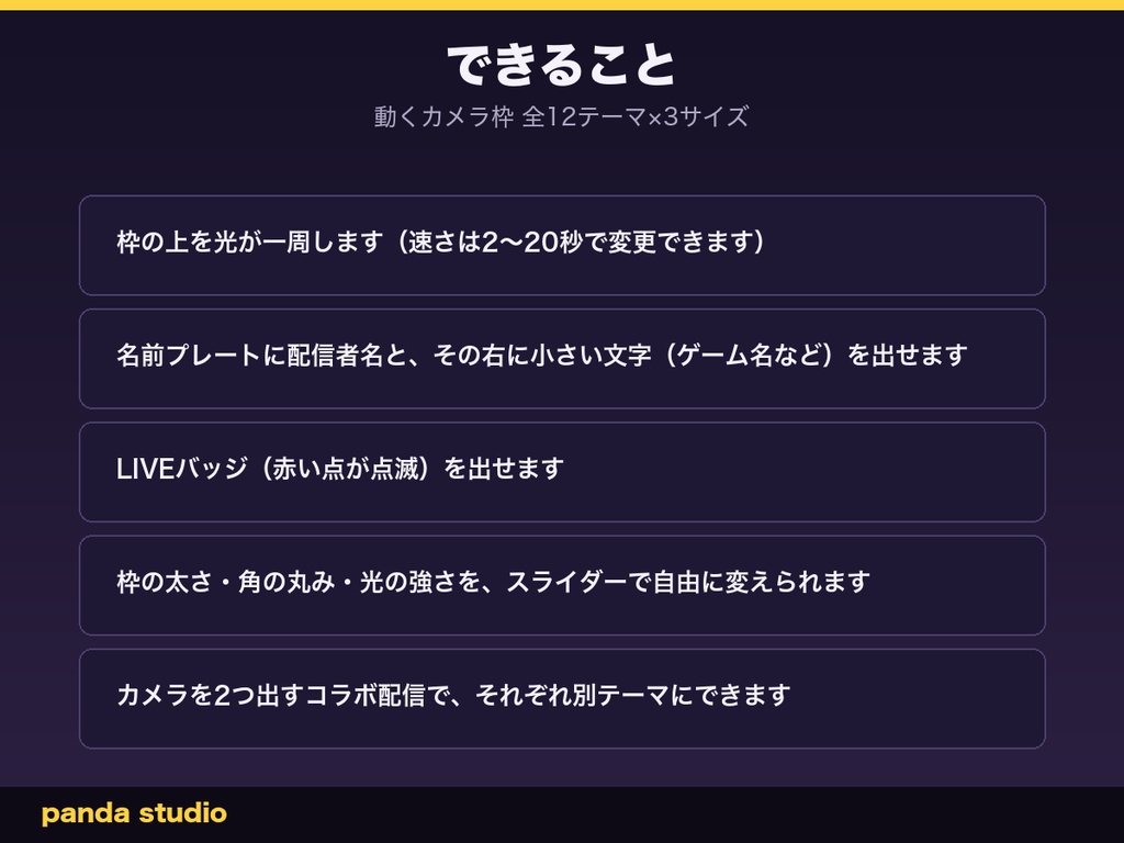 【OBSに置くだけ】動くカメラ枠 全24テーマ×3サイズ|光が枠を一周する・Twitch直結/わんコメ対応でコメントに反応【商用可】