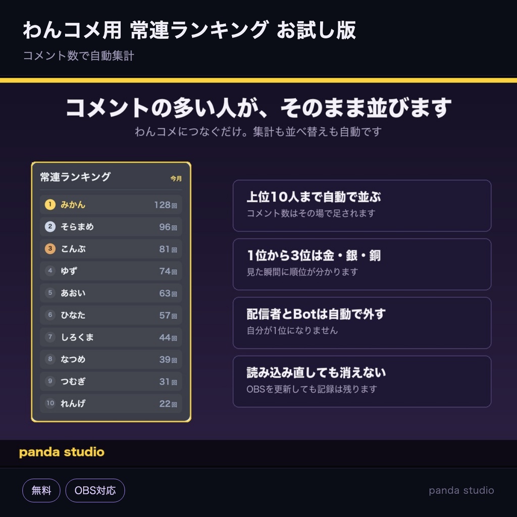 【無料】わんコメ用 常連ランキング お試し版｜コメント数で自動集計【OBS対応】