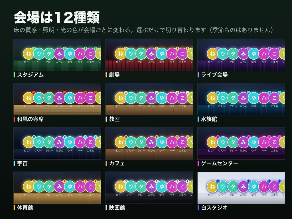 【わんコメ】コメントで集まる観客席 全12会場×3配置|スパチャで金の王冠と紙吹雪・コメントした人がアイコンで着席【OBS】