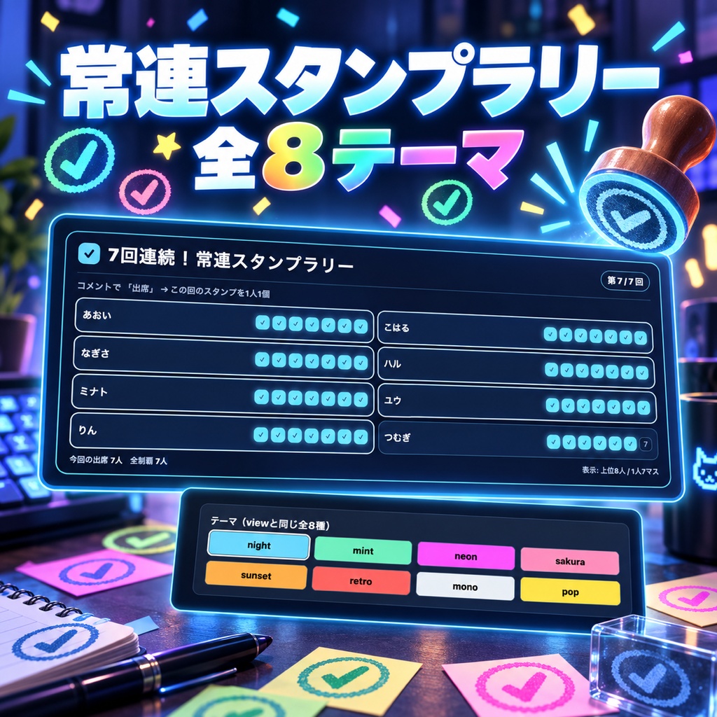 【わんコメ】コメントで常連スタンプラリー 全8テーマ｜「!出席」で7回の企画を一緒に完走・出席カードを自動集計【OBS・商用可】