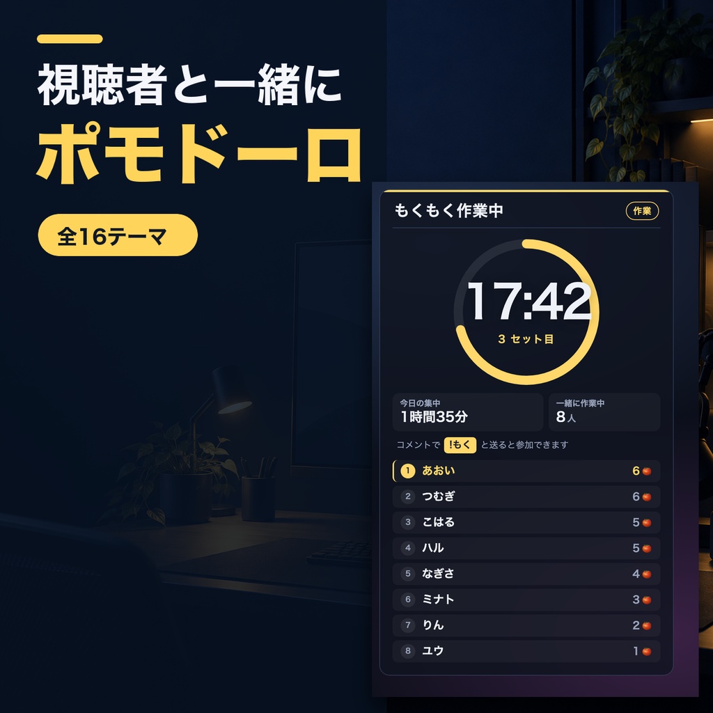 【OBSに置くだけ】視聴者と一緒に作業ポモドーロ 全16テーマ|「!もく」で参加者が並ぶ・完走した数が積み上がる【わんコメ/Twitch対応・商用可】