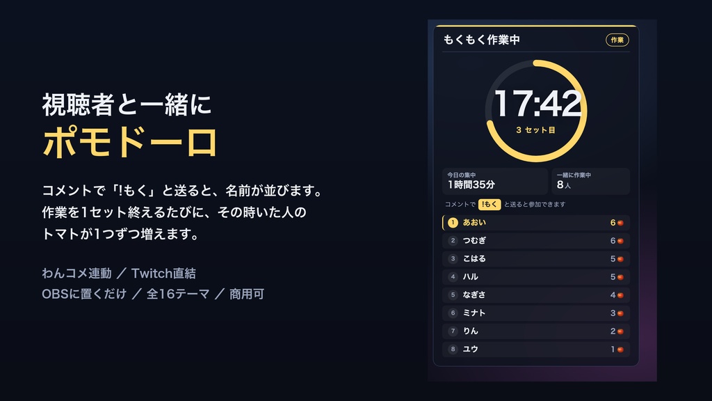 【OBSに置くだけ】視聴者と一緒に作業ポモドーロ 全16テーマ|「!もく」で参加者が並ぶ・完走した数が積み上がる【わんコメ/Twitch対応・商用可】