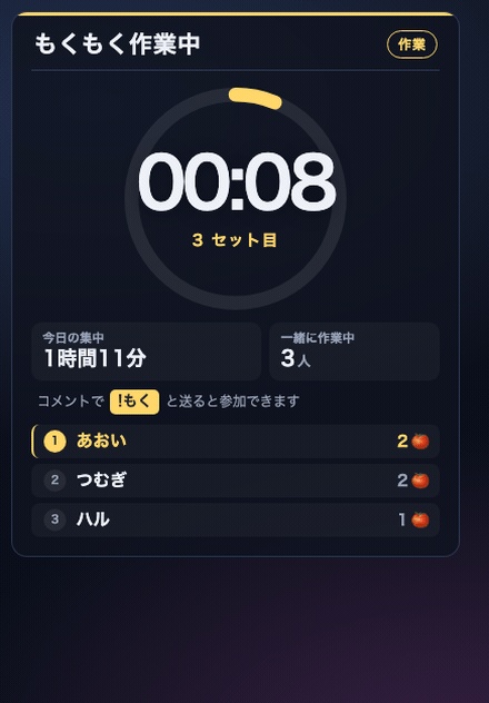 【OBSに置くだけ】視聴者と一緒に作業ポモドーロ 全16テーマ|「!もく」で参加者が並ぶ・完走した数が積み上がる【わんコメ/Twitch対応・商用可】