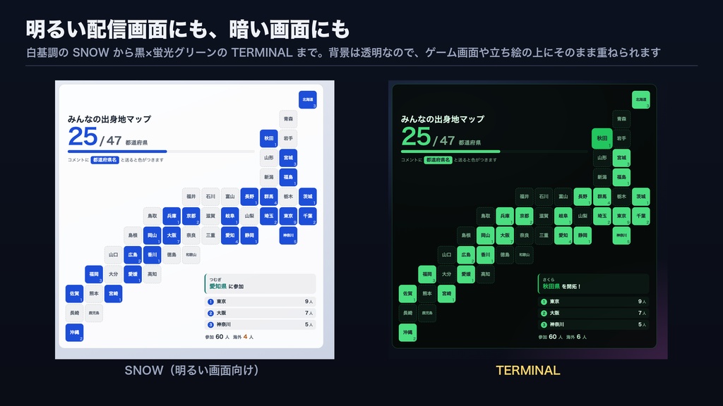 【OBSに置くだけ】みんなの出身地マップ 全16テーマ|コメントの都道府県名で日本地図が塗られる・47都道府県制覇【わんコメ/Twitch対応・商用可】