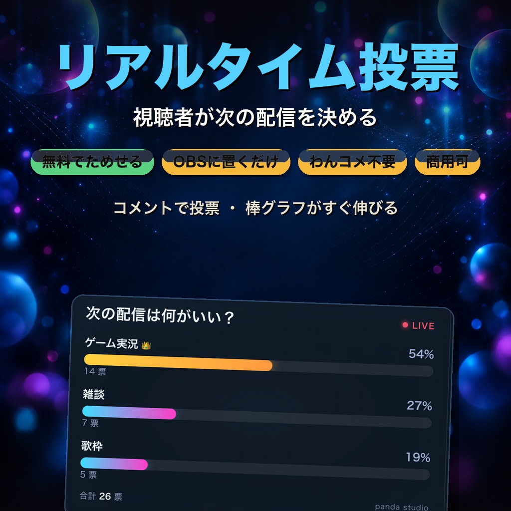【無料】リアルタイム投票ウィジェット お試し版|1テーマだけ入っています【OBS・商用可】