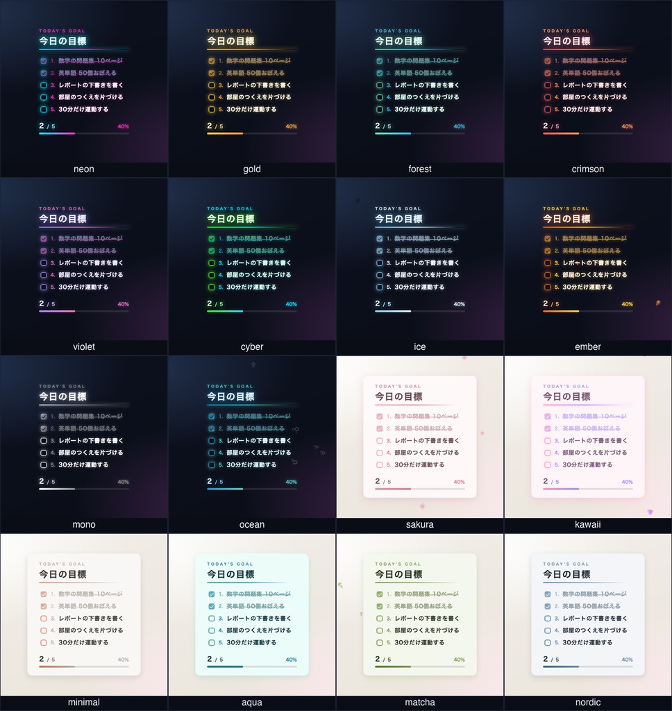 【作業・勉強配信】今日の目標・ToDoボード ウィジェット 全16テーマ|クリックで完了チェック・進捗バー・わんコメ対応|画像不要でOBSに置くだけ【study with me / 商用可】