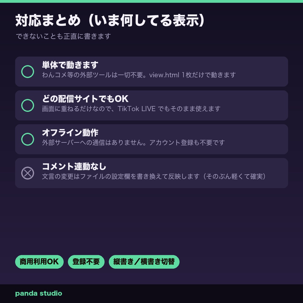 【OBSに置くだけ】縦型配信の「いま何してる?」縦書きステータス 全4テーマ|NOW/NEXT/休憩カウントダウン・1080×1920【商用可】