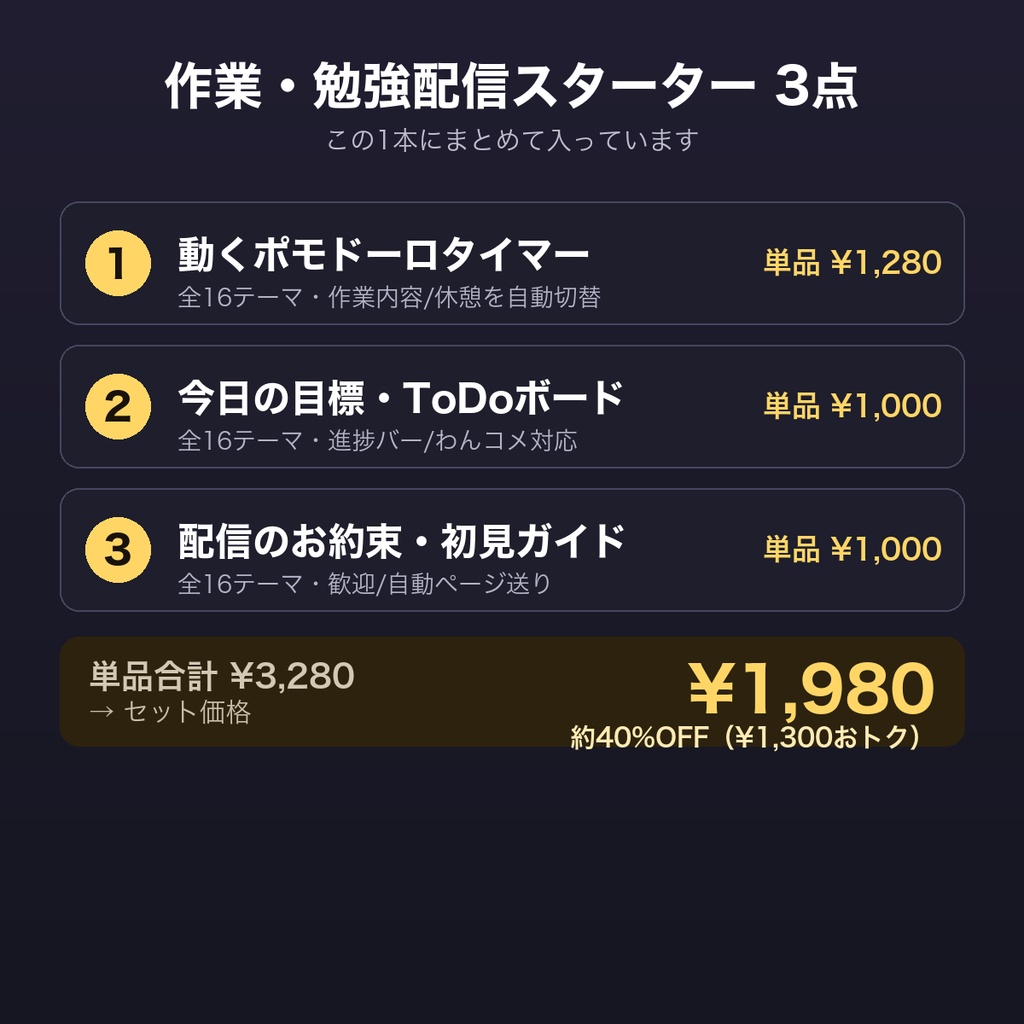 【作業・勉強配信スターター3点】ポモドーロタイマー+今日の目標ToDoボード+お約束/初見さんガイド 全16テーマ|作業配信を今日から始める最初の1本【OBS・わんコメ・商用可】