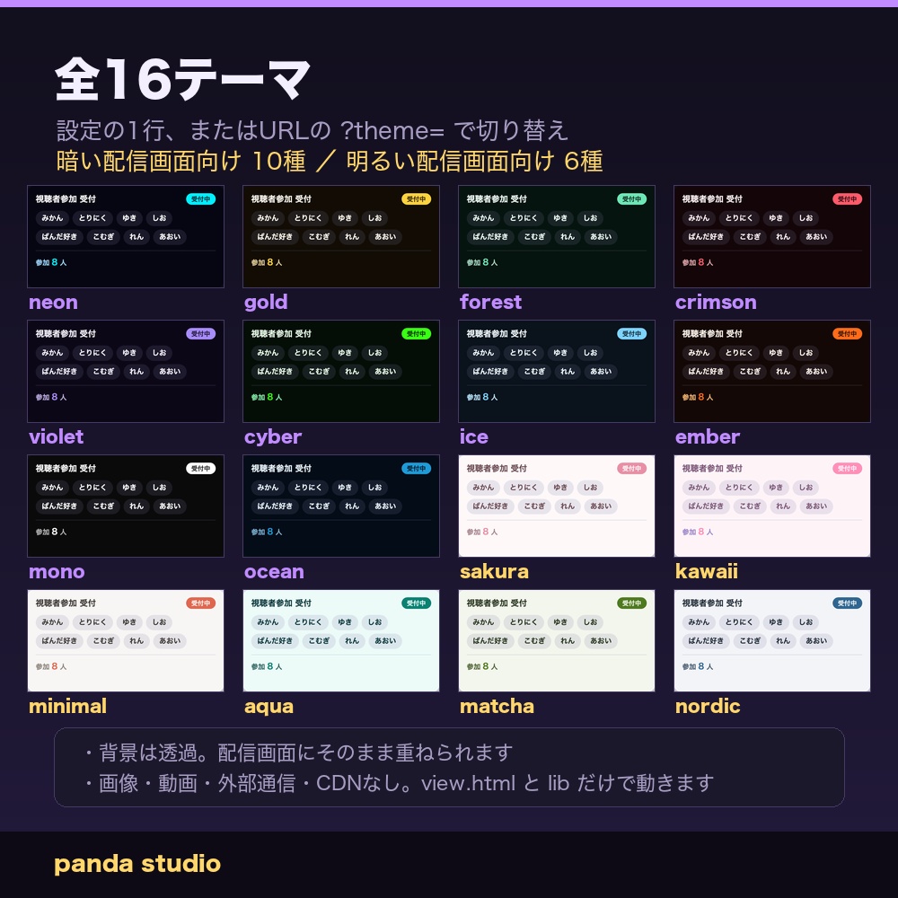 【視聴者参加】受付・抽選・チーム分け ウィジェット 全16テーマ|コメントで参加→ランダム抽選→チーム分け|わんコメ/Twitch対応・画像不要でOBSに置くだけ【凸待ち/参加型/商用可】