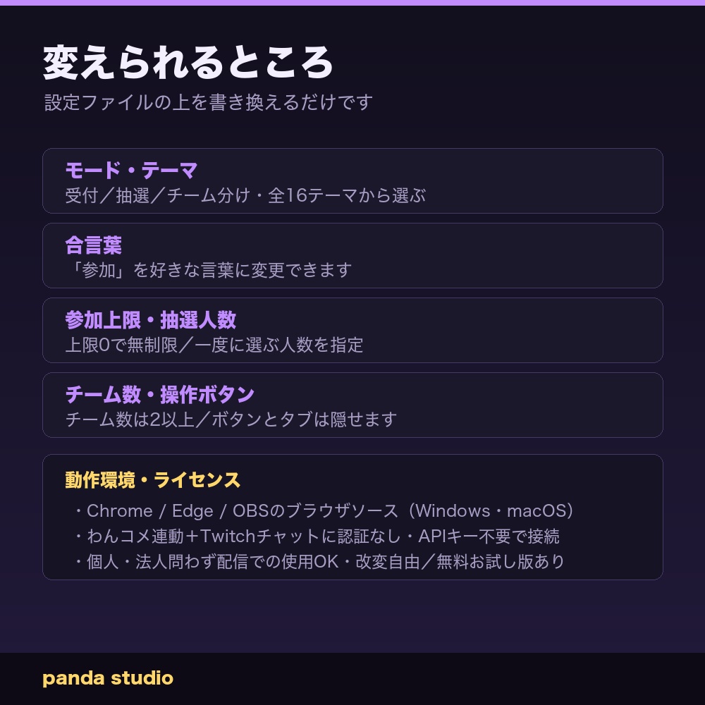 【視聴者参加】受付・抽選・チーム分け ウィジェット 全16テーマ|コメントで参加→ランダム抽選→チーム分け|わんコメ/Twitch対応・画像不要でOBSに置くだけ【凸待ち/参加型/商用可】