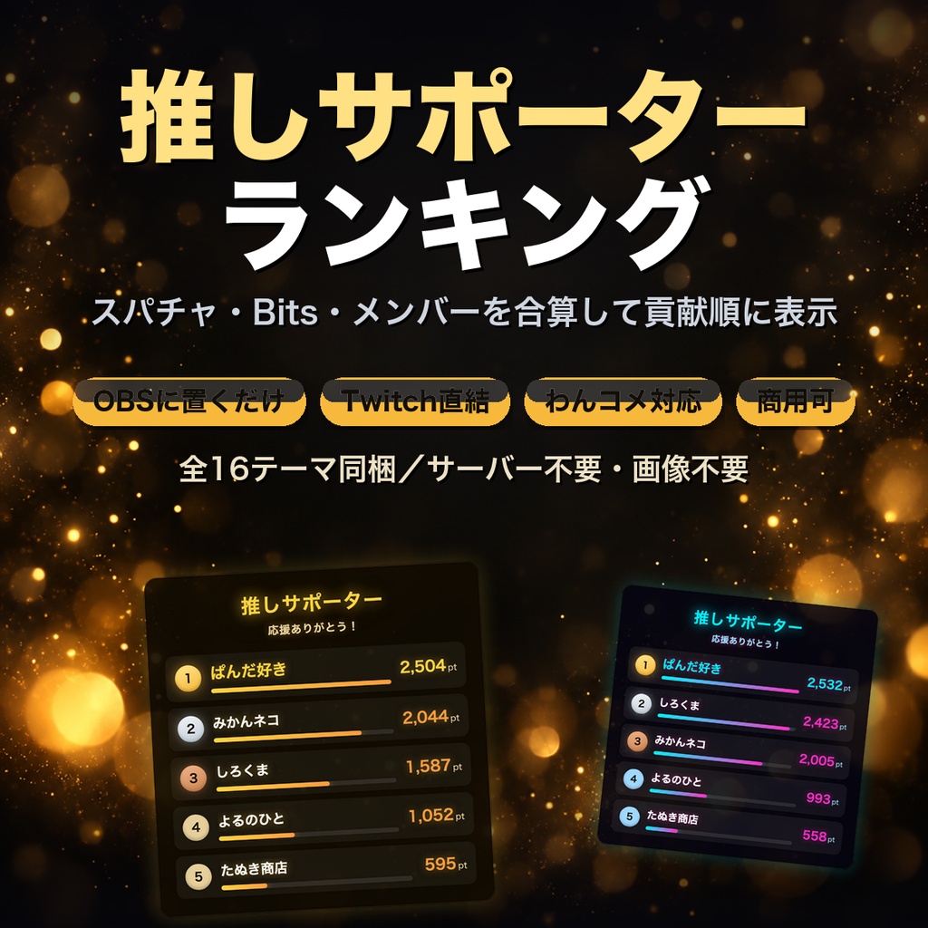 【OBSに置くだけ】推しサポーター ランキング 全16テーマ|スパチャ・Bits・メンバーを合算して貢献ランキングを表示|Twitch直結/わんコメ対応【商用可】