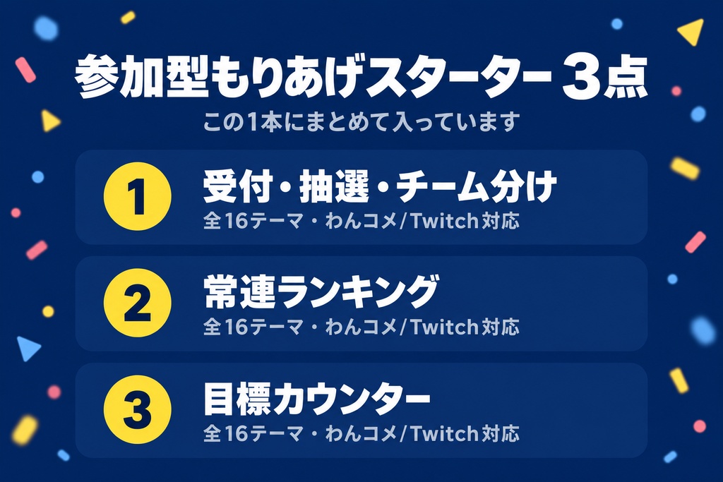【参加型もりあげスターター3点】受付・抽選・チーム分け+常連ランキング+目標カウンター 全16テーマ|視聴者参加で盛り上げる最初の1本【OBS・わんコメ/Twitch・商用可】