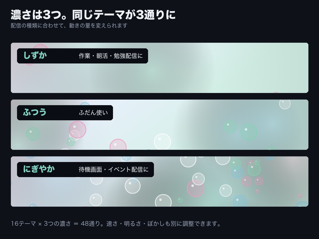 【OBSに置くだけ】動く配信背景 全16テーマ×3の濃さ=48通り|立ち絵・カメラのうしろに敷く動く壁紙・雑談/作業/歌枠に・わんコメ連動でコメントに反応【Twitch対応・商用可】