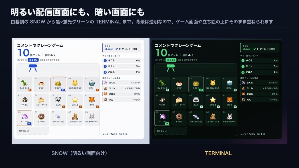 【OBSに置くだけ】コメントでクレーンゲーム 全16テーマ|「とる B2」で狙ったマスをつかむ・景品16種類【わんコメ/Twitch対応・商用可】