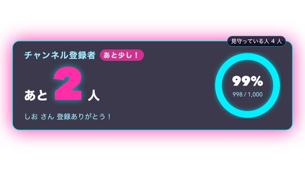 【OBSに置くだけ】登録者カウントダウン あと◯人 全16テーマ|リーチ演出・達成の瞬間に視聴者エンドロール・コメントで数を更新【わんコメ/Twitch対応・商用可】