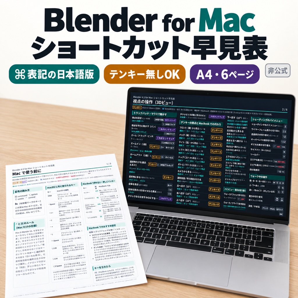 【Mac版】Blender 4.5 ショートカット早見表｜MacBook・テンキー無し対応 日本語PDF（非公式）