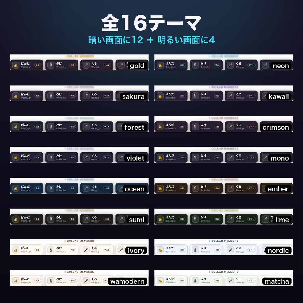 【OBSに置くだけ】コラボ参加者ネームプレート 全16テーマ|名前・SNS・役割を並べる・わんコメ/Twitch両対応・本人のコメントで光る【商用可】
