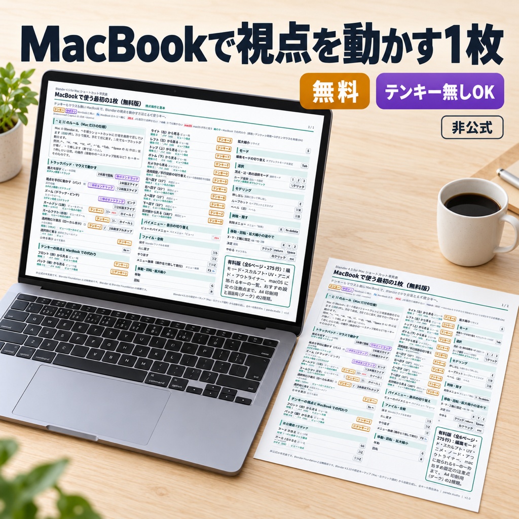 【無料】Blender for Mac ショートカット早見表 1枚版｜MacBook・テンキー無し（非公式）