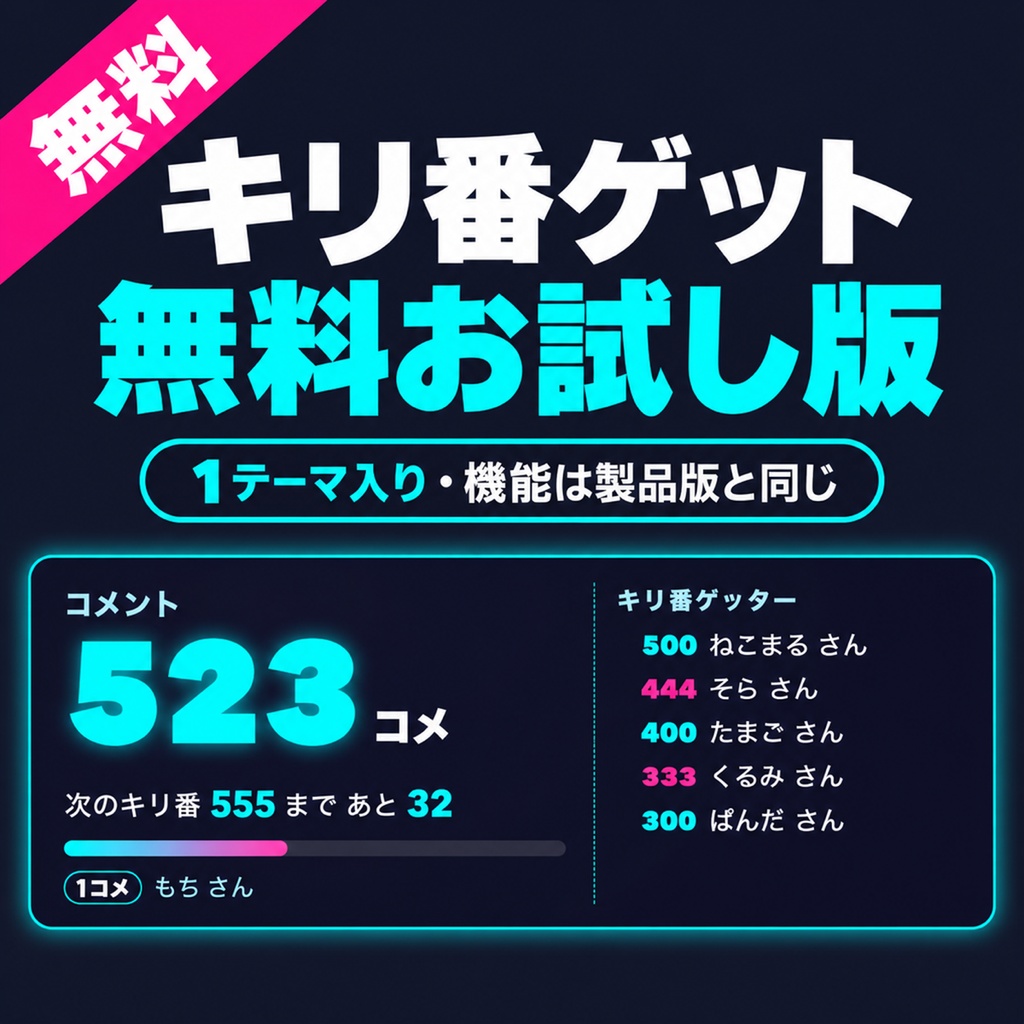 【無料】コメントでキリ番ゲット お試し版｜100コメ・777コメを踏んだ人を名前つきで発表 1テーマだけ入っています【OBS・わんコメ/Twitch・商用可】