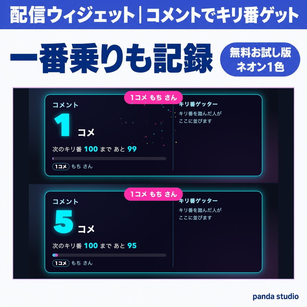 【無料】コメントでキリ番ゲット お試し版|100コメ・777コメを踏んだ人を名前つきで発表 1テーマだけ入っています【OBS・わんコメ/Twitch・商用可】
