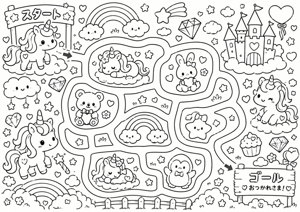 【全10枚】ぬりめいろ|3〜5歳向け かわいい迷路×塗り絵|おうち遊び・知育プリント PDF