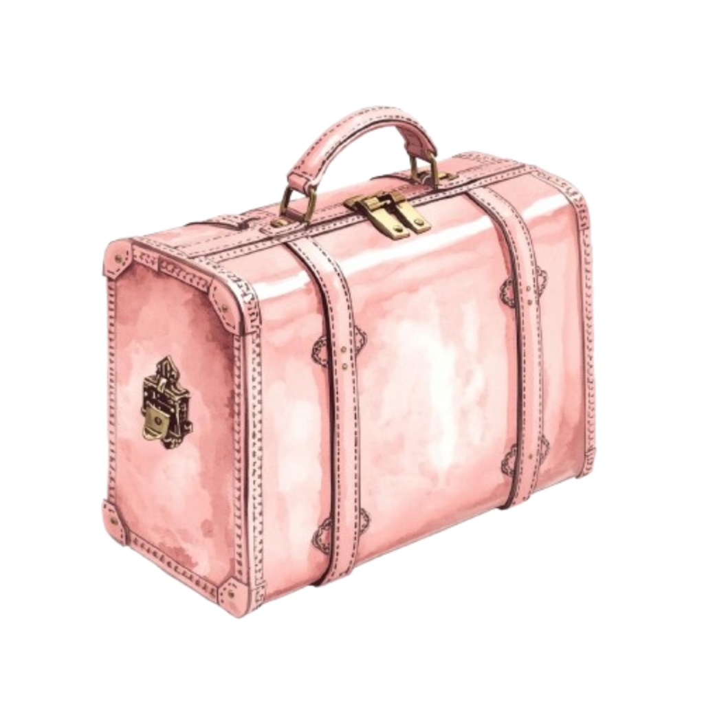 ピンクの水彩画風アンティーク旅行クリップアートセット (PNG形式)