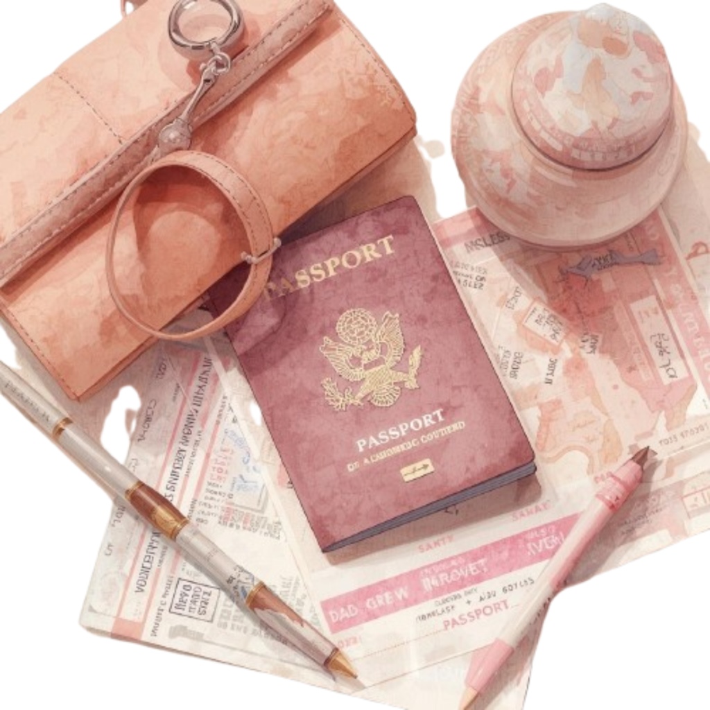 ピンクの水彩画風アンティーク旅行クリップアートセット (PNG形式)