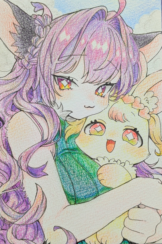 【カラー原画・ミニ画用紙】夢ちゃんと叶ちゃん親子
