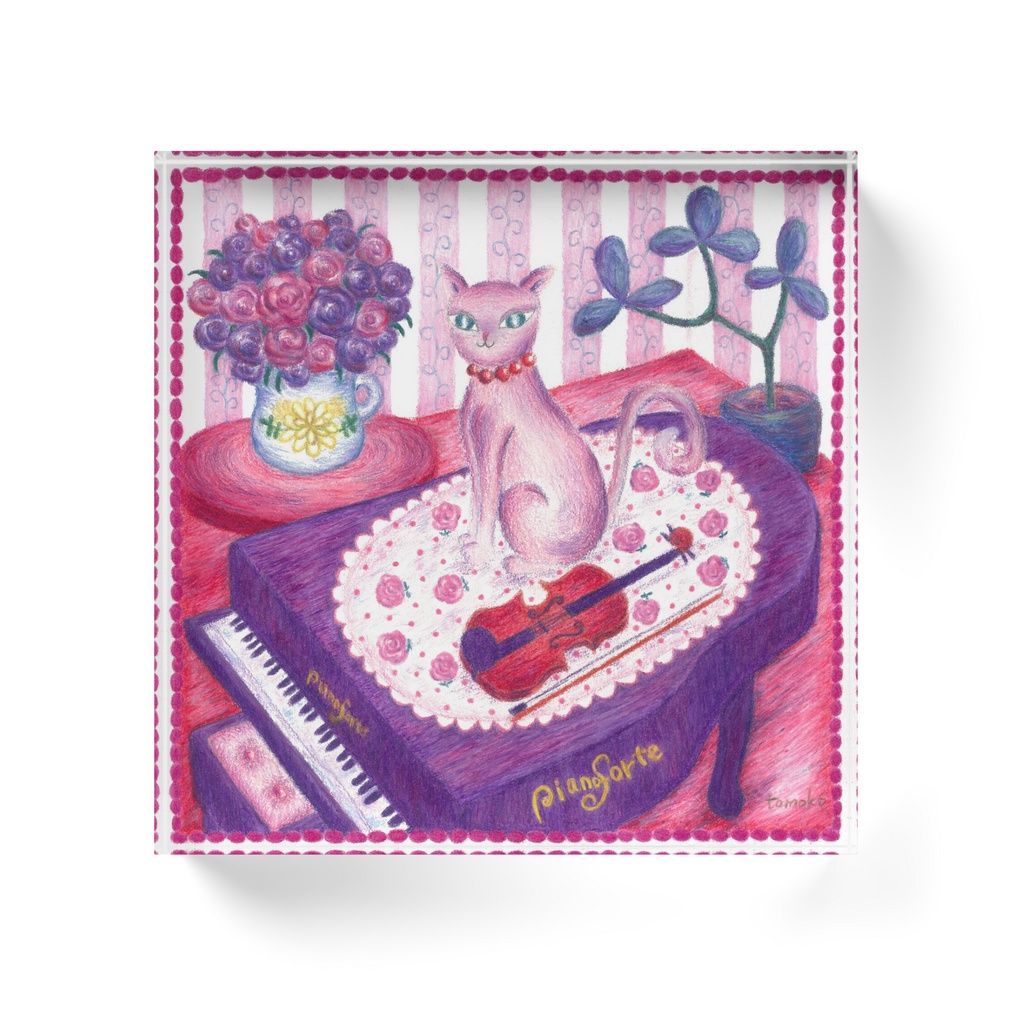 ピアノの上の猫 アクリルブロック