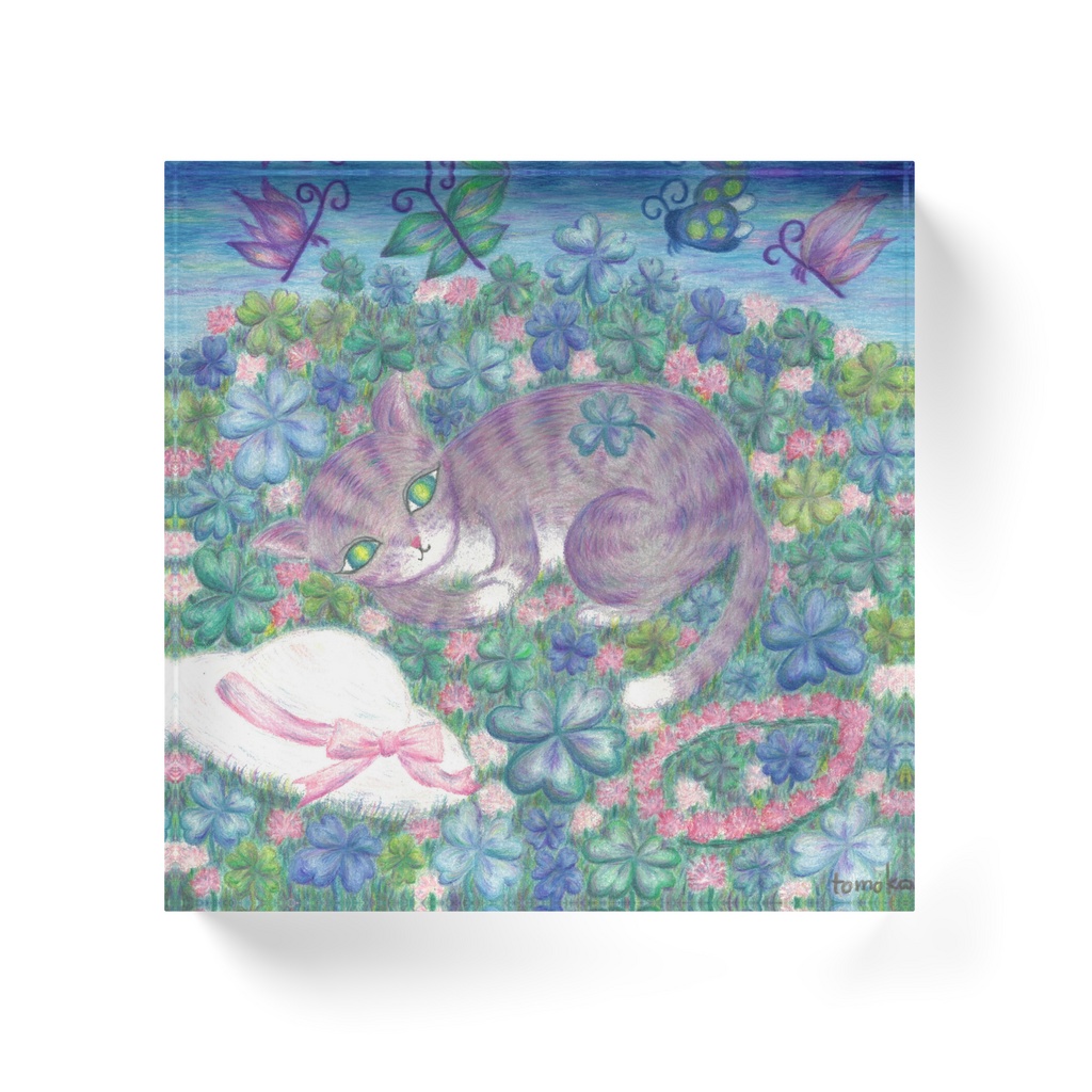 猫と四つ葉のクローバー アクリルブロック