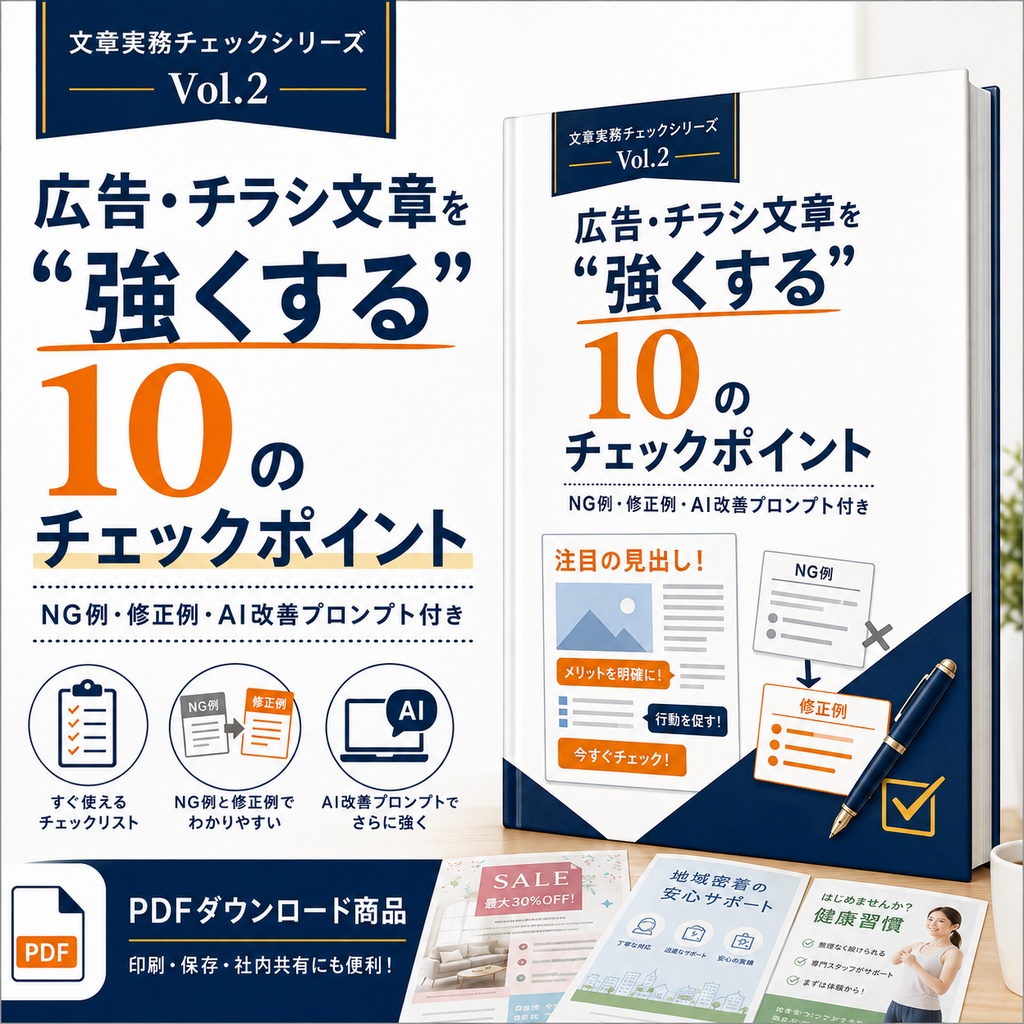 広告・チラシ文章を“強くする”10のチェックポイント｜NG例・修正例・AI改善プロンプト付き【PDF】