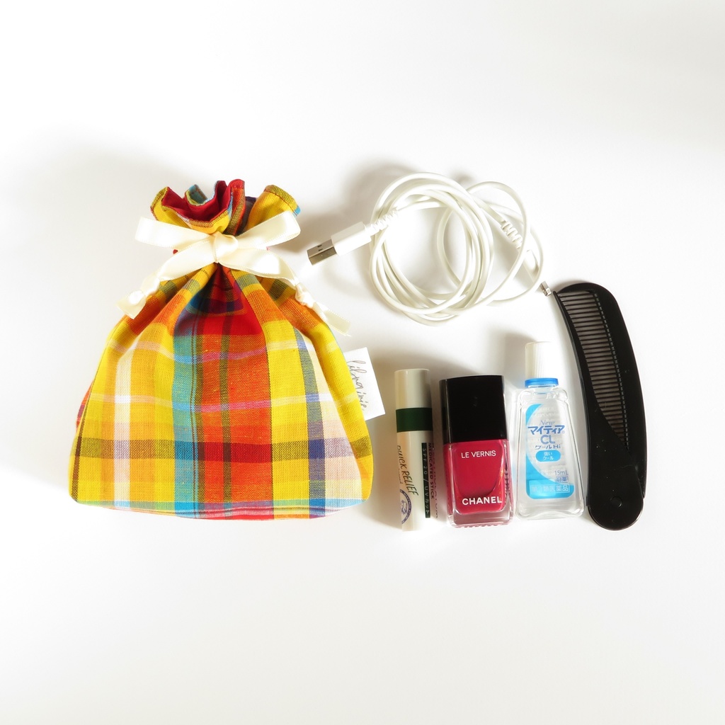 【フランス生地】マドラスチェック 巾着ポーチ(Sサイズ)