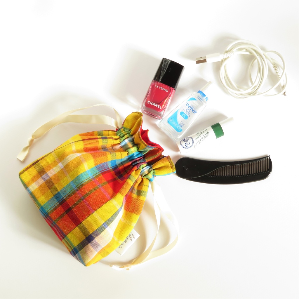 【フランス生地】マドラスチェック 巾着ポーチ(Sサイズ)