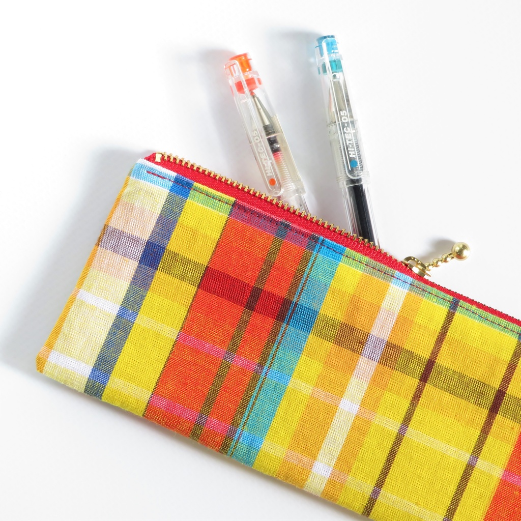 【フランス生地】マドラスチェック ペンケース フラット