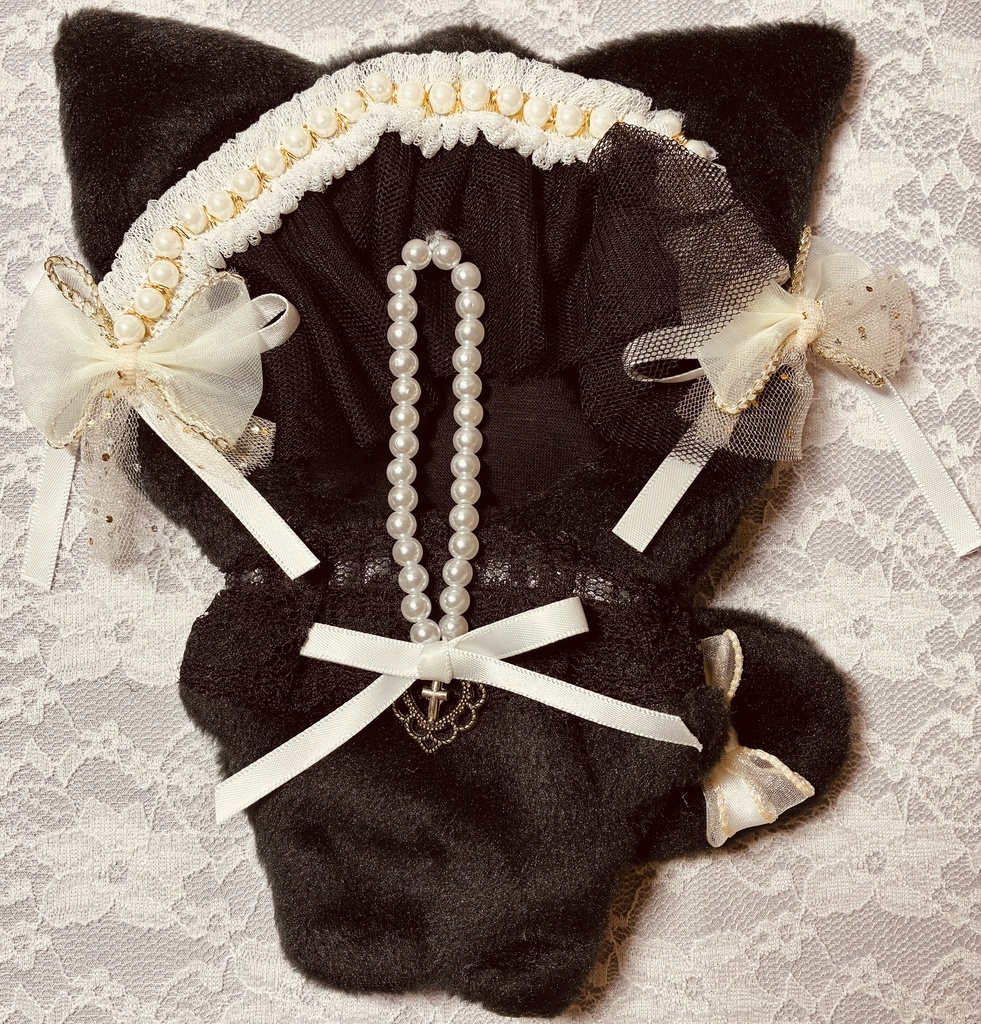 16cmぬい服 黒猫のゴシック着ぐるみ 120cmパールチェーン付き