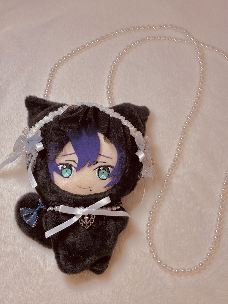 16cmぬい服 黒猫のゴシック着ぐるみ 120cmパールチェーン付き