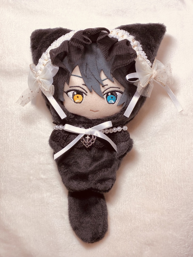 16cmぬい服 黒猫のゴシック着ぐるみ 120cmパールチェーン付き