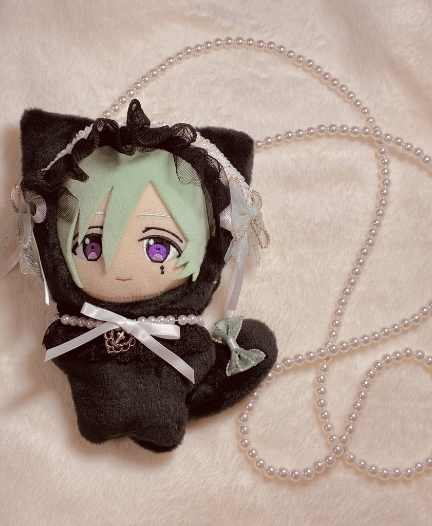 16cmぬい服 黒猫のゴシック着ぐるみ 120cmパールチェーン付き