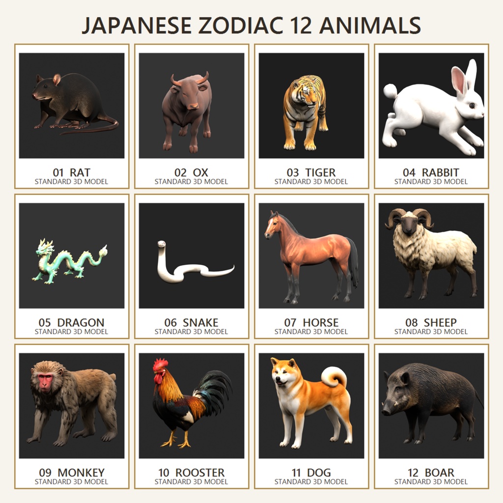 【3Dモデル】【詰合せ】十二支の動物 OBJ
